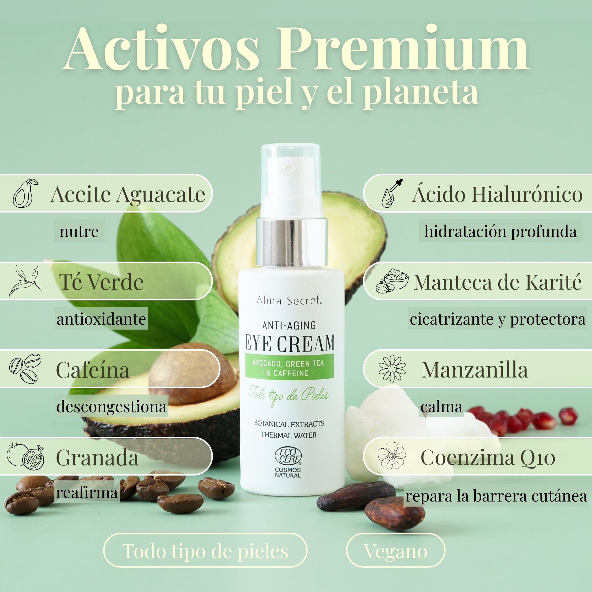 Contorno de Ojos Antiedad Aguacate y Cafeína | Reduce Bolsas y Ojeras | Alma Secret 30ml