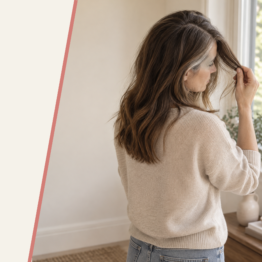 Mujer observando su cabello junto al título “No lo hiciste mal: por qué tu color no quedó como en la caja”
