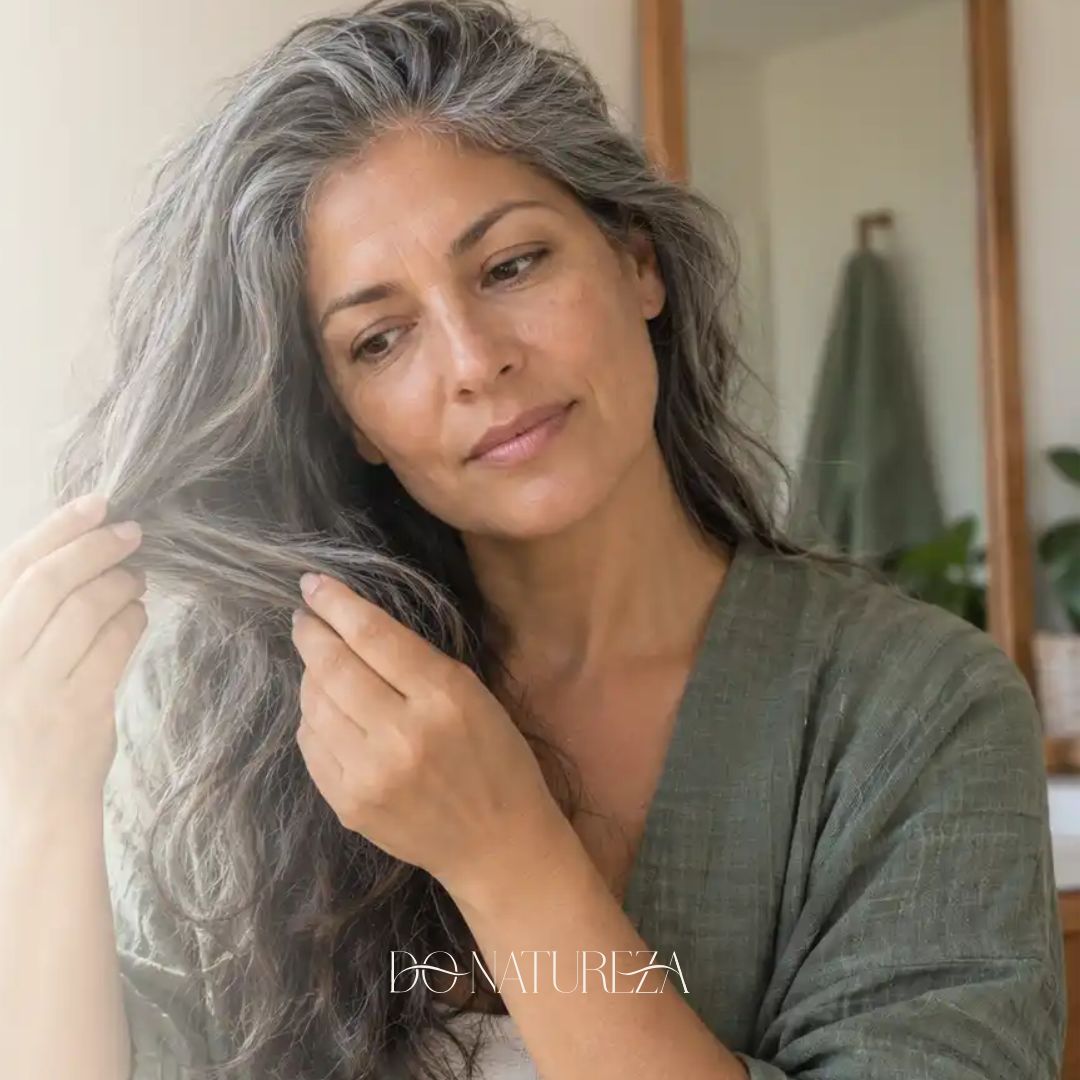 Mujer de cabello entrecano observa un mechón junto a una ventana; el título pregunta para qué sirve el shampoo violeta y cuándo usarlo.