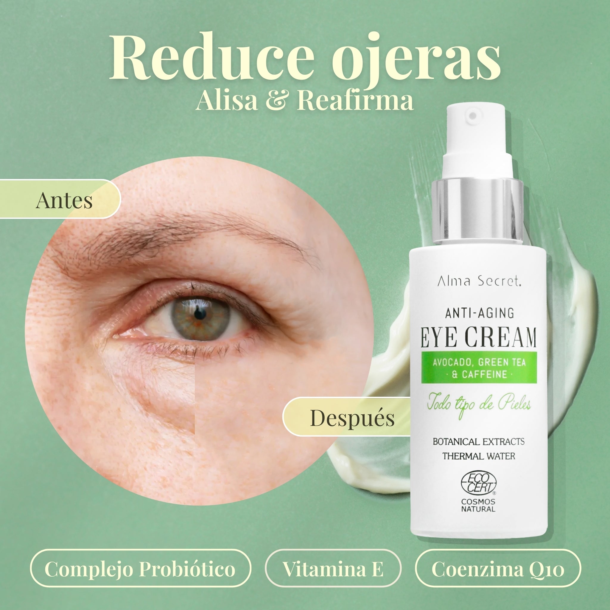Contorno de Ojos Antiedad Aguacate y Cafeína | Reduce Bolsas y Ojeras | Alma Secret 30ml