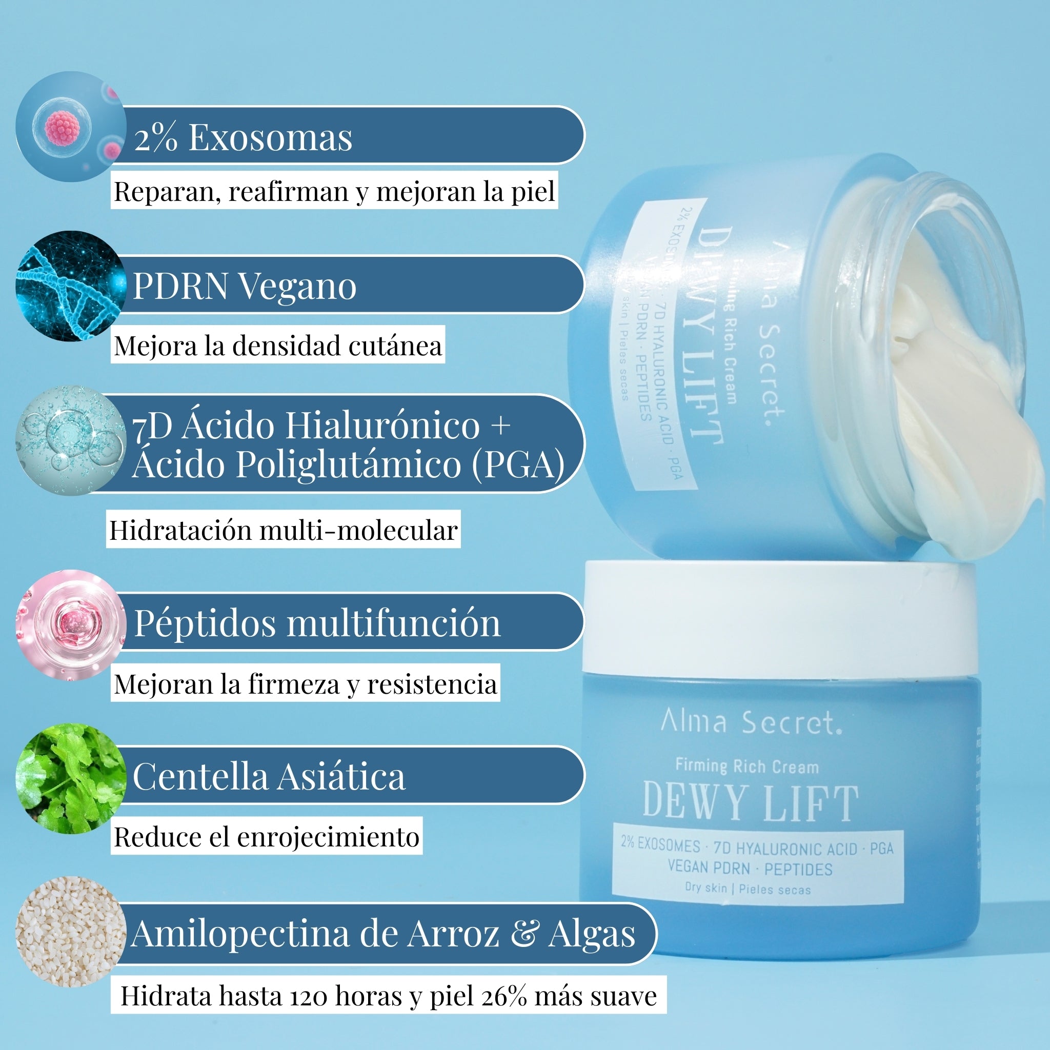 Crema Reafirmante con 2% Exosomas | Dewy Lift Rich Piel Seca | Alma Secret 50ml